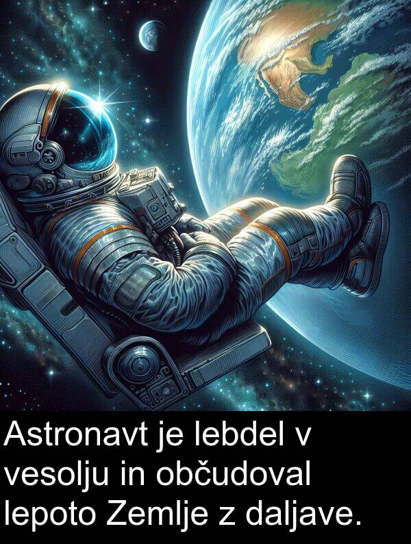 lebdel: Astronavt je lebdel v vesolju in občudoval lepoto Zemlje z daljave.