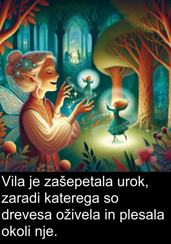 oživela: Vila je zašepetala urok, zaradi katerega so drevesa oživela in plesala okoli nje.