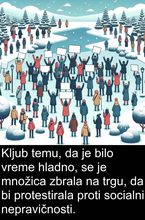 hladno: Kljub temu, da je bilo vreme hladno, se je množica zbrala na trgu, da bi protestirala proti socialni nepravičnosti.