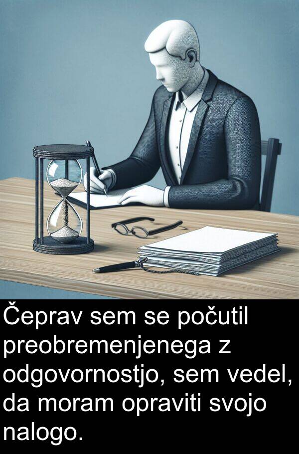 moram: Čeprav sem se počutil preobremenjenega z odgovornostjo, sem vedel, da moram opraviti svojo nalogo.