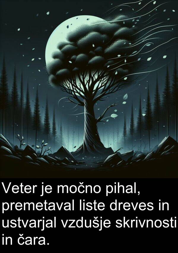 močno: Veter je močno pihal, premetaval liste dreves in ustvarjal vzdušje skrivnosti in čara.