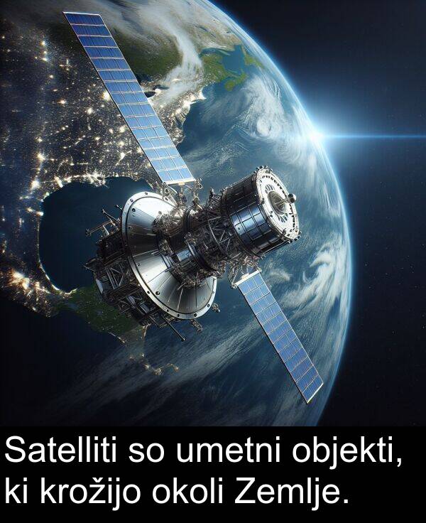objekti: Satelliti so umetni objekti, ki krožijo okoli Zemlje.