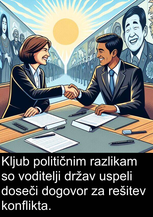 političnim: Kljub političnim razlikam so voditelji držav uspeli doseči dogovor za rešitev konflikta.