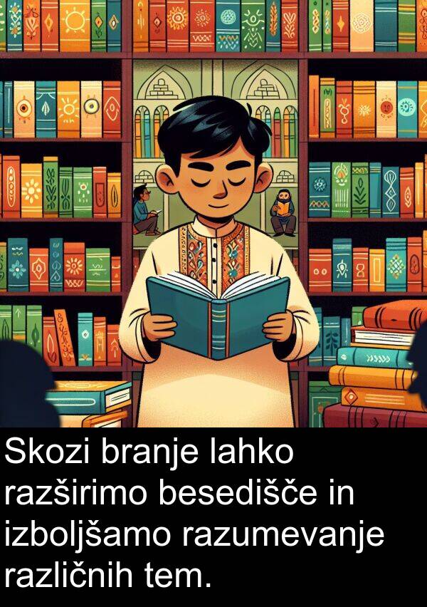 branje: Skozi branje lahko razširimo besedišče in izboljšamo razumevanje različnih tem.