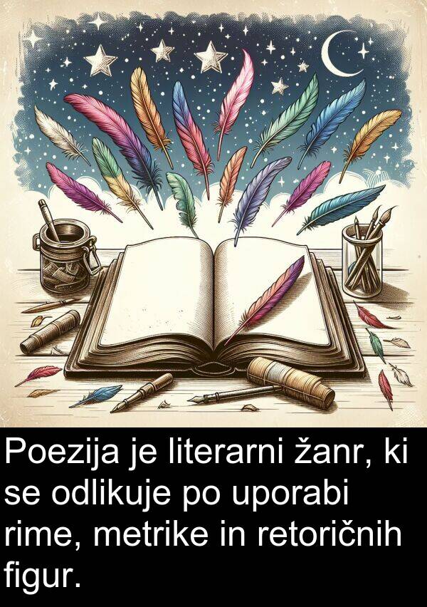 žanr: Poezija je literarni žanr, ki se odlikuje po uporabi rime, metrike in retoričnih figur.