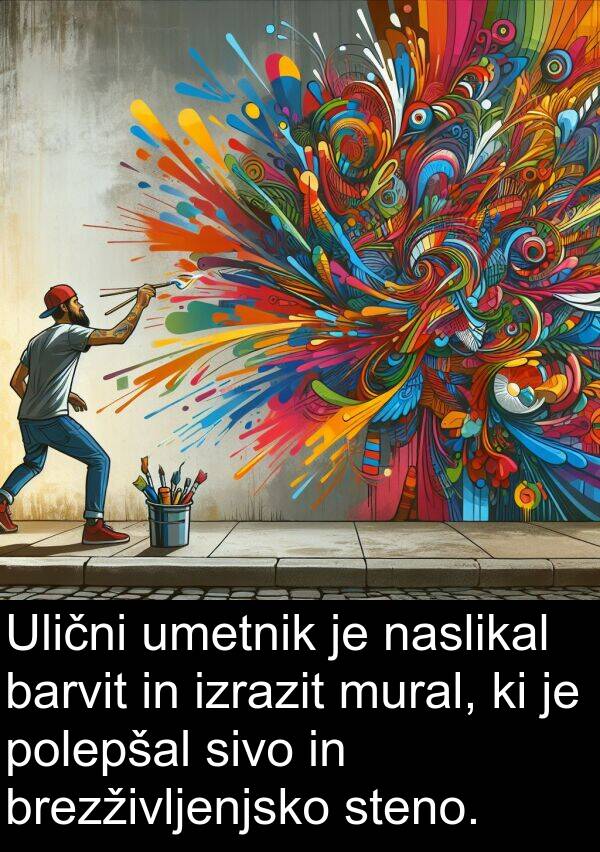 barvit: Ulični umetnik je naslikal barvit in izrazit mural, ki je polepšal sivo in brezživljenjsko steno.