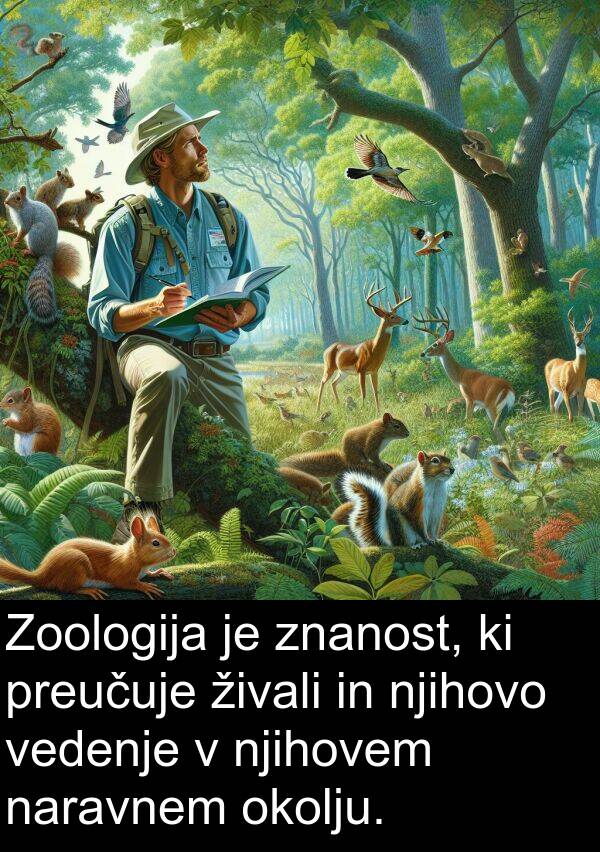 vedenje: Zoologija je znanost, ki preučuje živali in njihovo vedenje v njihovem naravnem okolju.