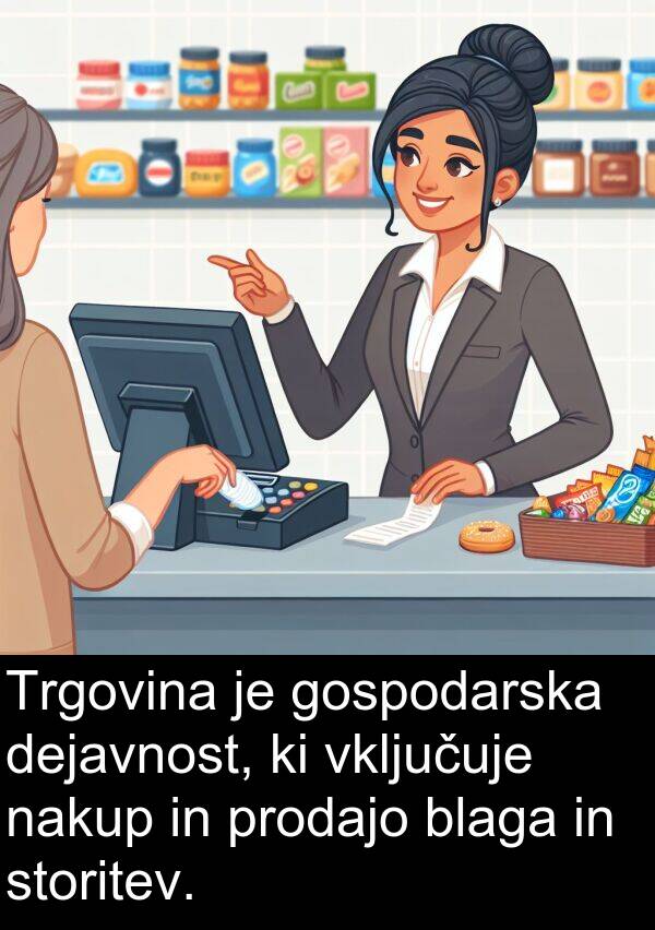 gospodarska: Trgovina je gospodarska dejavnost, ki vključuje nakup in prodajo blaga in storitev.