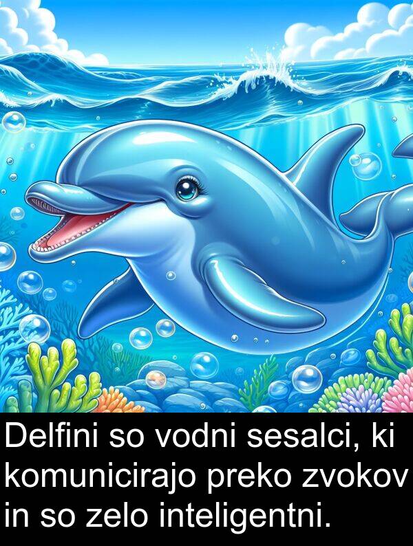 sesalci: Delfini so vodni sesalci, ki komunicirajo preko zvokov in so zelo inteligentni.
