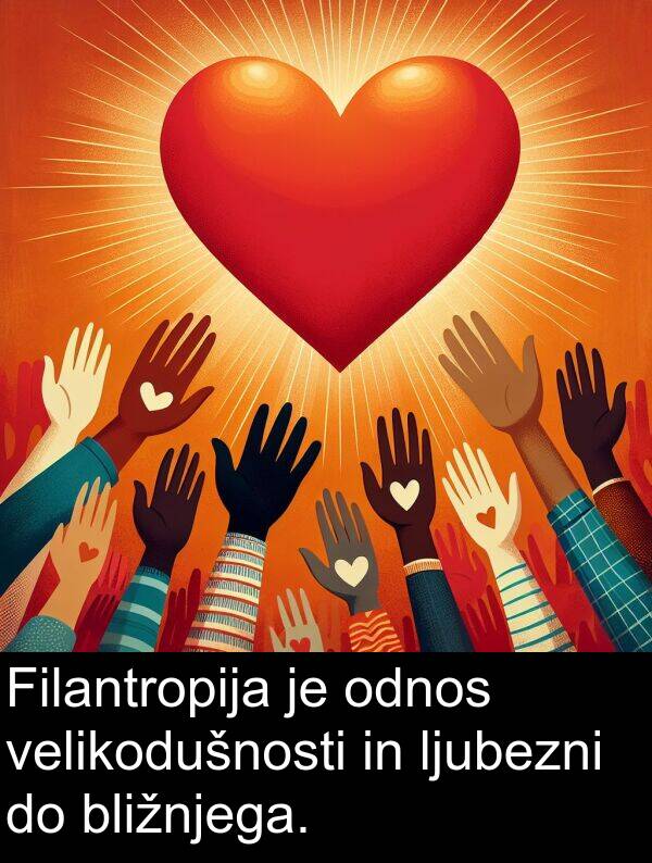 odnos: Filantropija je odnos velikodušnosti in ljubezni do bližnjega.