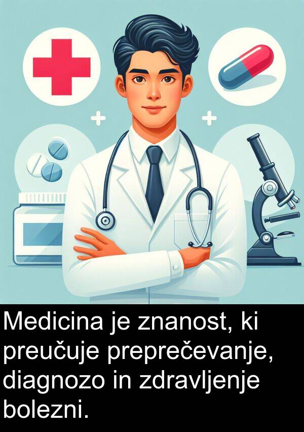 preprečevanje: Medicina je znanost, ki preučuje preprečevanje, diagnozo in zdravljenje bolezni.