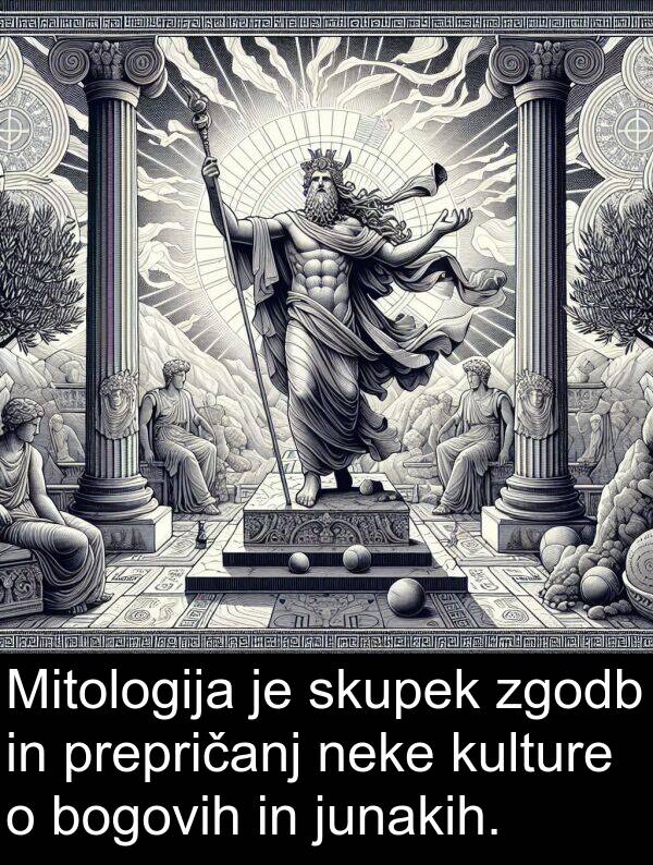 kulture: Mitologija je skupek zgodb in prepričanj neke kulture o bogovih in junakih.