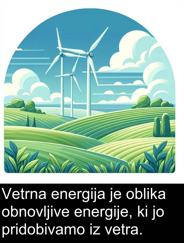 oblika: Vetrna energija je oblika obnovljive energije, ki jo pridobivamo iz vetra.