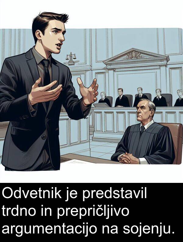 sojenju: Odvetnik je predstavil trdno in prepričljivo argumentacijo na sojenju.