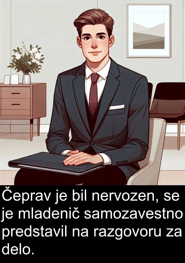 samozavestno: Čeprav je bil nervozen, se je mladenič samozavestno predstavil na razgovoru za delo.