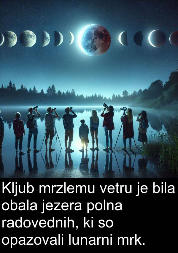 obala: Kljub mrzlemu vetru je bila obala jezera polna radovednih, ki so opazovali lunarni mrk.