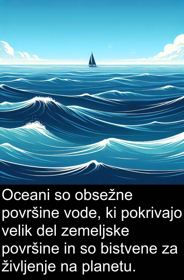pokrivajo: Oceani so obsežne površine vode, ki pokrivajo velik del zemeljske površine in so bistvene za življenje na planetu.