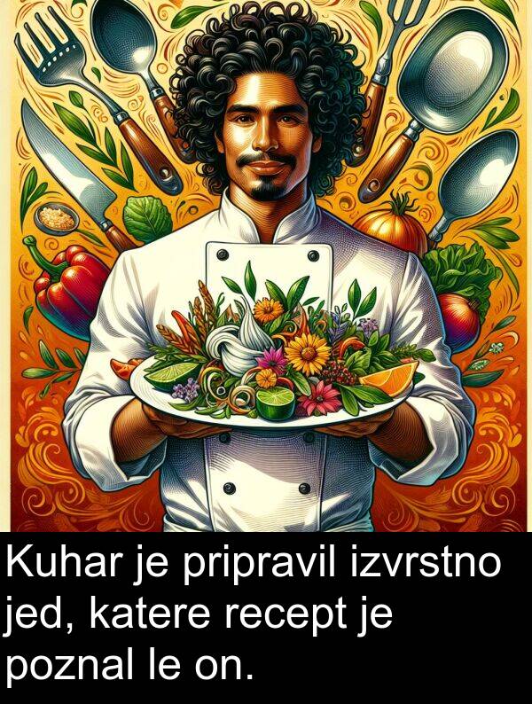 on: Kuhar je pripravil izvrstno jed, katere recept je poznal le on.
