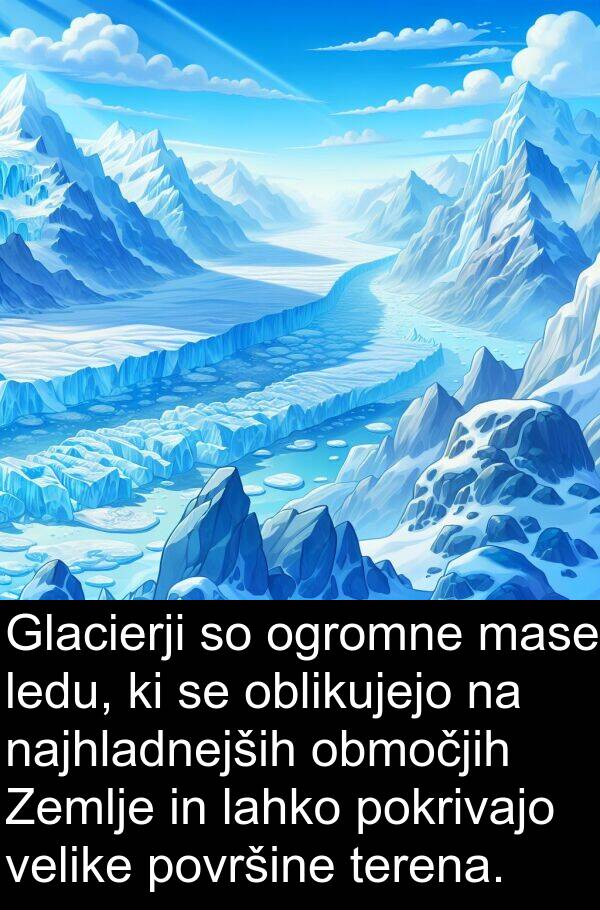 pokrivajo: Glacierji so ogromne mase ledu, ki se oblikujejo na najhladnejših območjih Zemlje in lahko pokrivajo velike površine terena.