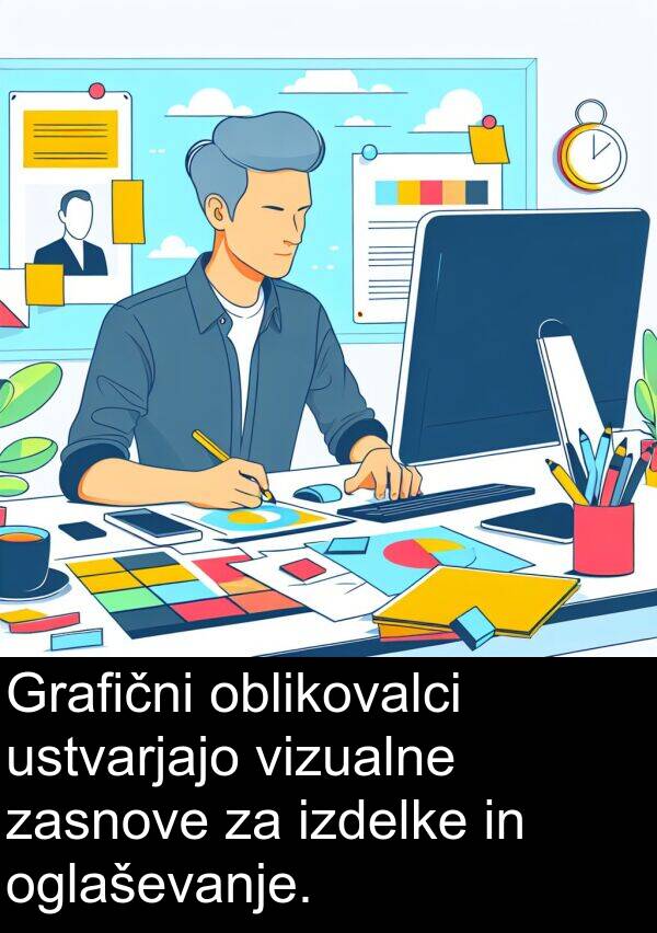 oglaševanje: Grafični oblikovalci ustvarjajo vizualne zasnove za izdelke in oglaševanje.