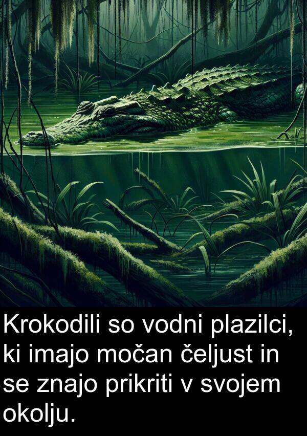 okolju: Krokodili so vodni plazilci, ki imajo močan čeljust in se znajo prikriti v svojem okolju.