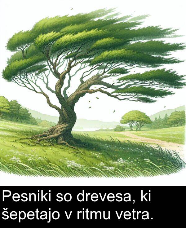 šepetajo: Pesniki so drevesa, ki šepetajo v ritmu vetra.