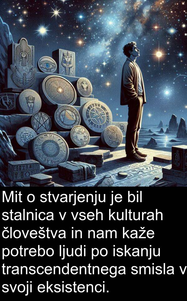 eksistenci: Mit o stvarjenju je bil stalnica v vseh kulturah človeštva in nam kaže potrebo ljudi po iskanju transcendentnega smisla v svoji eksistenci.