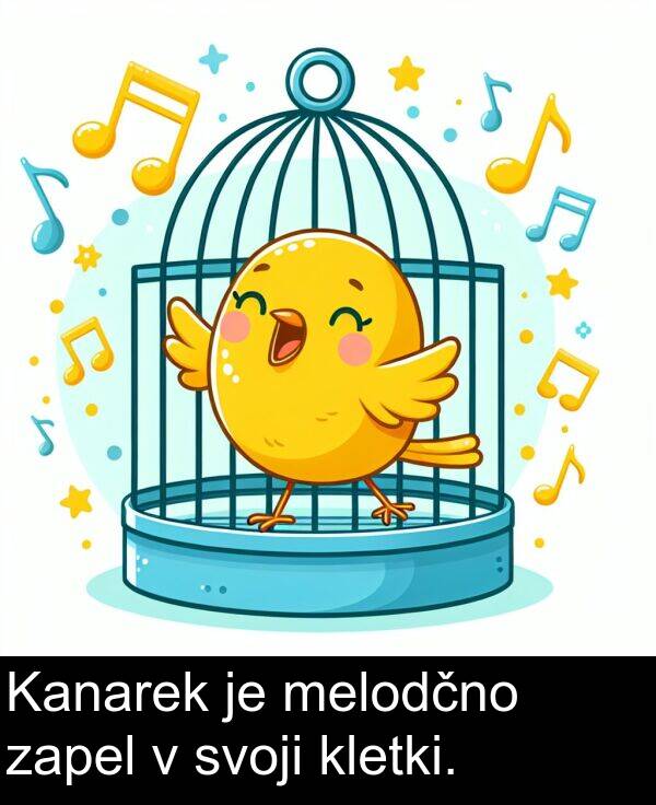 kletki: Kanarek je melodčno zapel v svoji kletki.