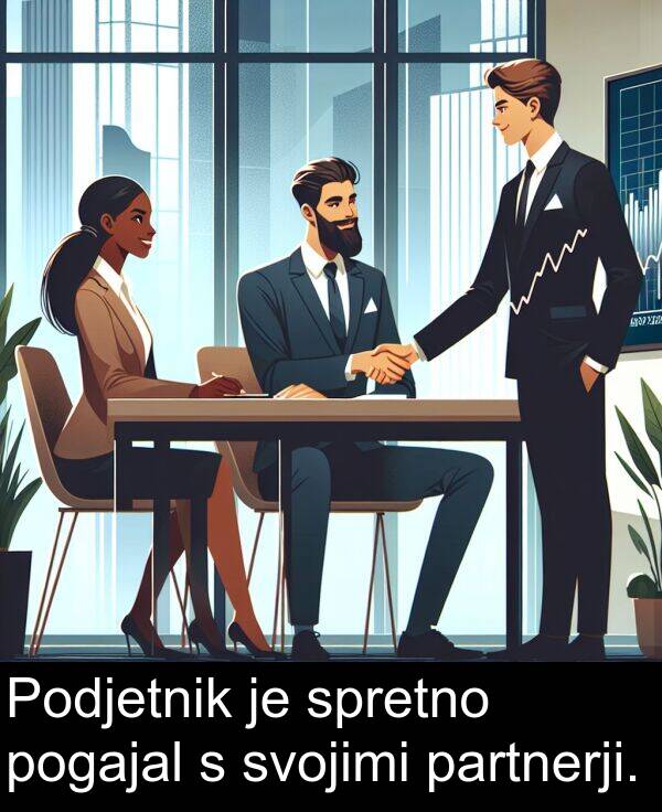 spretno: Podjetnik je spretno pogajal s svojimi partnerji.