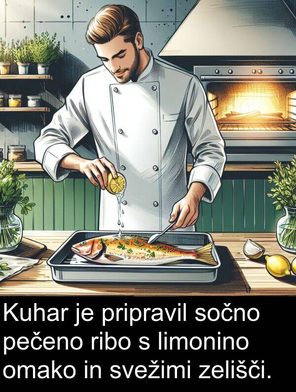pečeno: Kuhar je pripravil sočno pečeno ribo s limonino omako in svežimi zelišči.