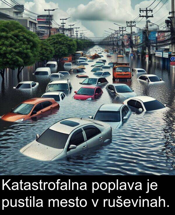 ruševinah: Katastrofalna poplava je pustila mesto v ruševinah.