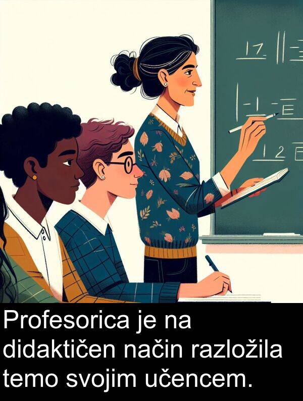 način: Profesorica je na didaktičen način razložila temo svojim učencem.