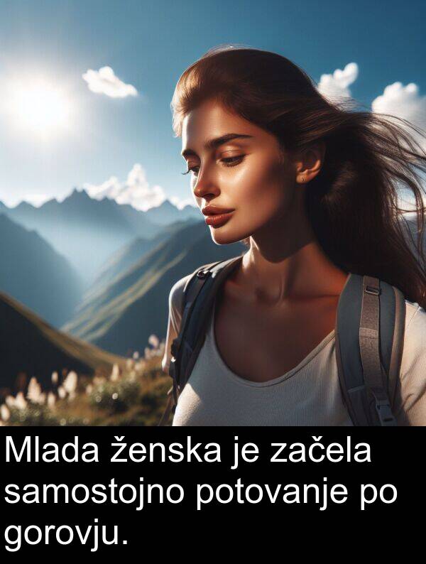 ženska: Mlada ženska je začela samostojno potovanje po gorovju.