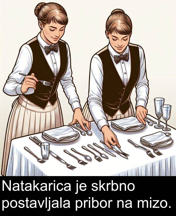 postavljala: Natakarica je skrbno postavljala pribor na mizo.