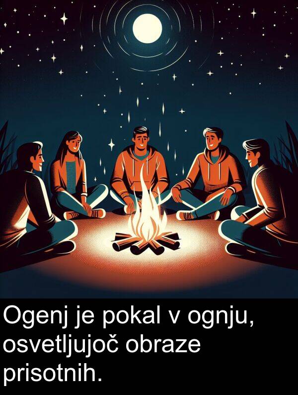ognju: Ogenj je pokal v ognju, osvetljujoč obraze prisotnih.