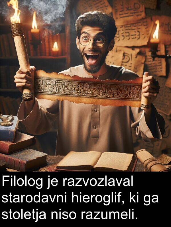 hieroglif: Filolog je razvozlaval starodavni hieroglif, ki ga stoletja niso razumeli.