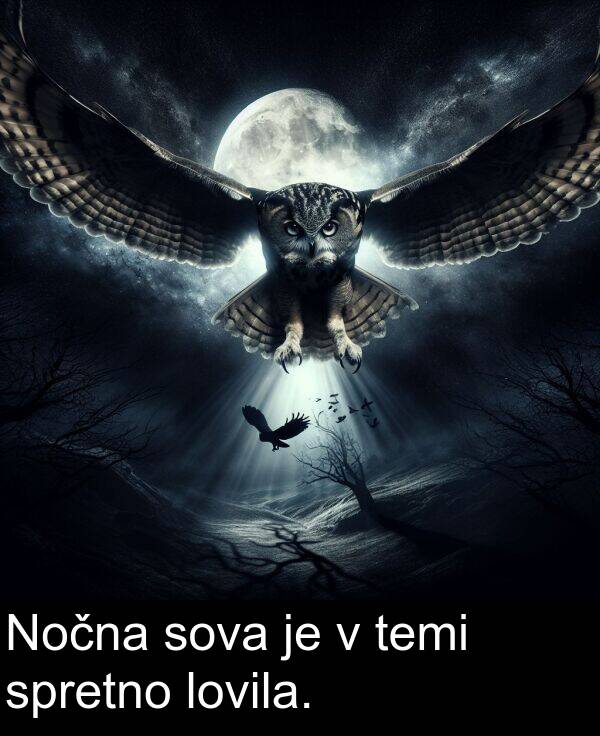 spretno: Nočna sova je v temi spretno lovila.