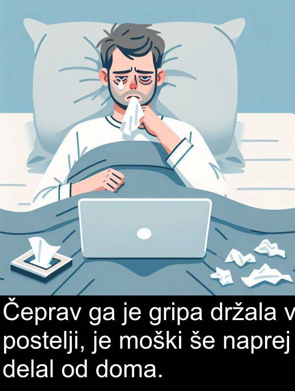 postelji: Čeprav ga je gripa držala v postelji, je moški še naprej delal od doma.
