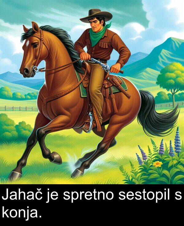 spretno: Jahač je spretno sestopil s konja.