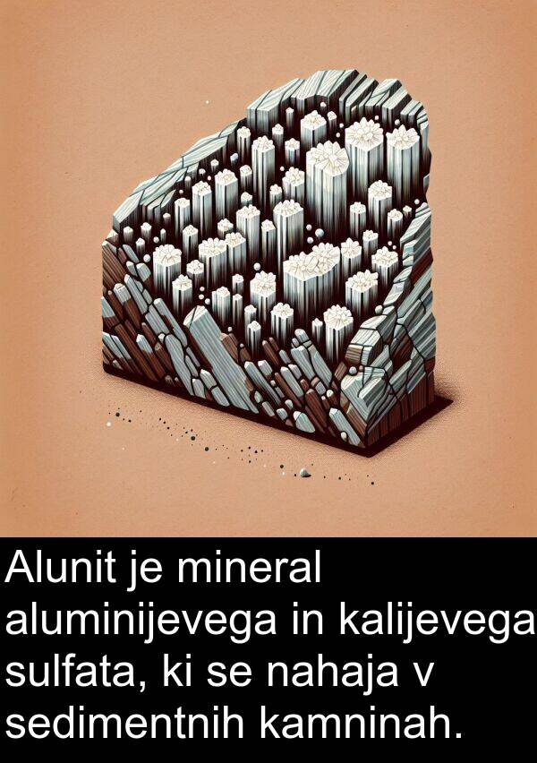 kalijevega: Alunit je mineral aluminijevega in kalijevega sulfata, ki se nahaja v sedimentnih kamninah.