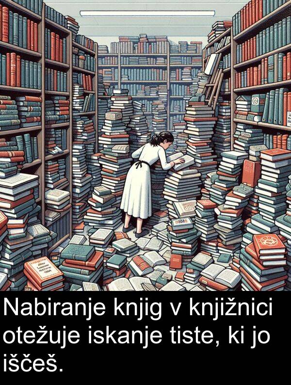 knjižnici: Nabiranje knjig v knjižnici otežuje iskanje tiste, ki jo iščeš.