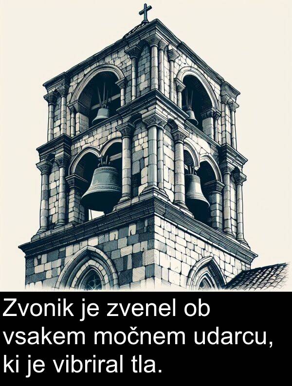 tla: Zvonik je zvenel ob vsakem močnem udarcu, ki je vibriral tla.