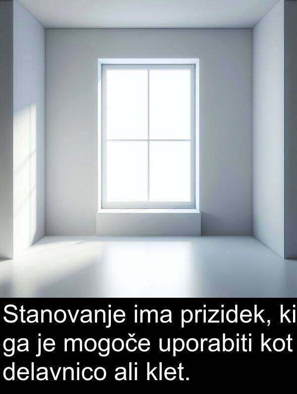 prizidek: Stanovanje ima prizidek, ki ga je mogoče uporabiti kot delavnico ali klet.