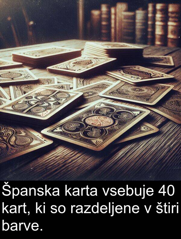 barve: Španska karta vsebuje 40 kart, ki so razdeljene v štiri barve.