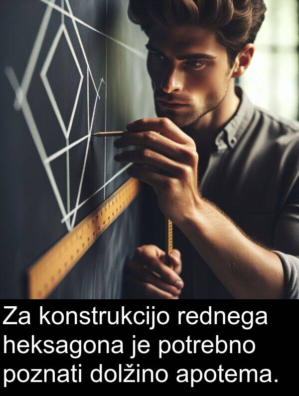 heksagona: Za konstrukcijo rednega heksagona je potrebno poznati dolžino apotema.