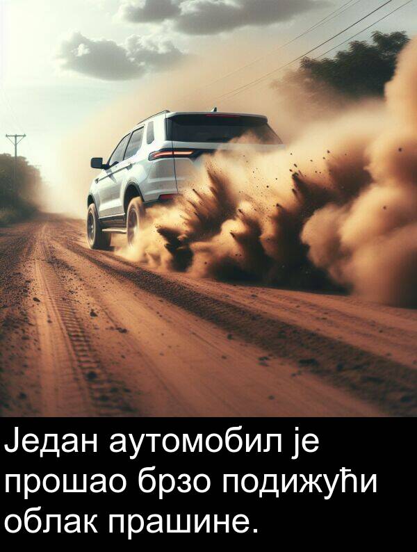прошао: Један аутомобил је прошао брзо подижући облак прашине.