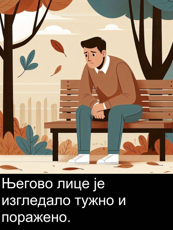 тужно: Његово лице је изгледало тужно и поражено.