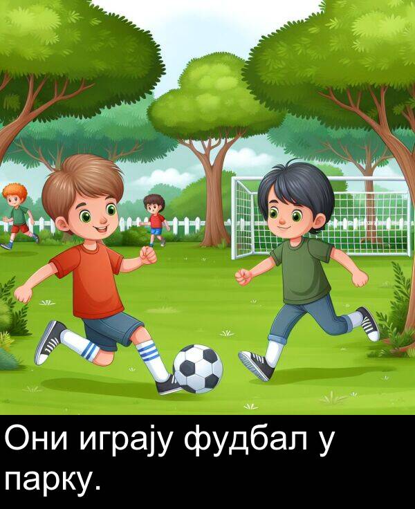 фудбал: Они играју фудбал у парку.