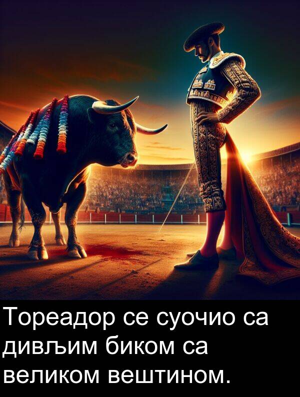 биком: Тореадор се суочио са дивљим биком са великом вештином.