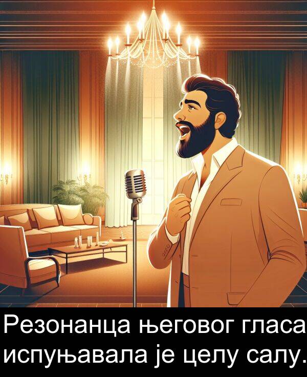 испуњавала: Резонанца његовог гласа испуњавала је целу салу.
